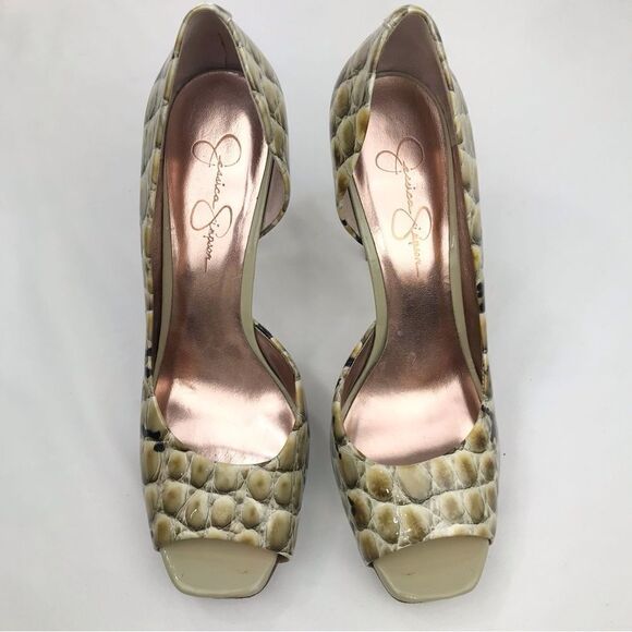 Jessica Simpson JOSETTE Green Reptile Print Leather Open Toe Pimp Heels - Picture 3 of 16